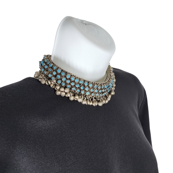 Rare Indian Antique Slivertone and Turquoise Necklace and Bracelet from 1950s - Picture 10 of 16